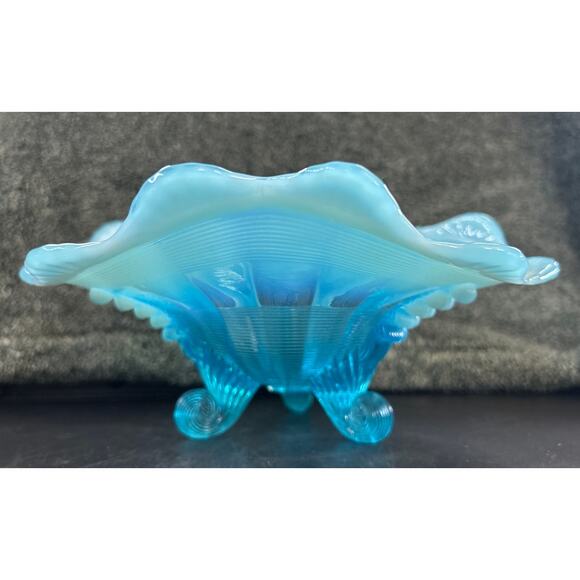 Stunning Opalescent Blue Northwood Glass Klondike Pattern Footed Bowl Antique - Picture 3 of 8